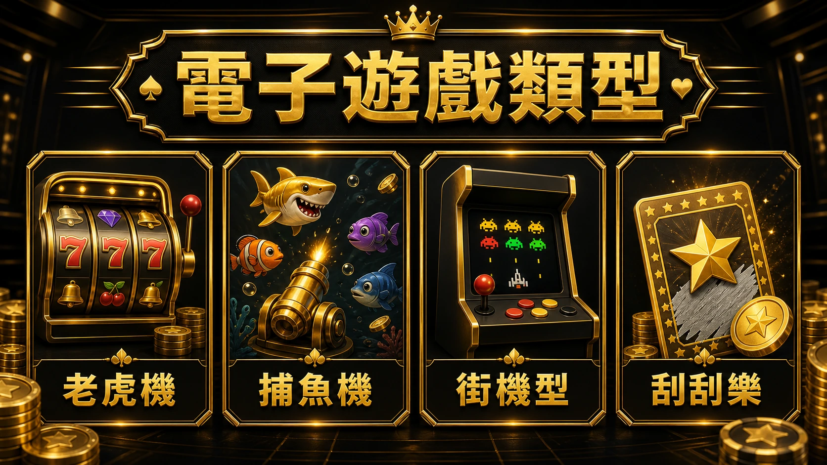 電子遊戲類型資訊圖：老虎機、捕魚機、街機型與刮刮樂｜MBM娛樂城