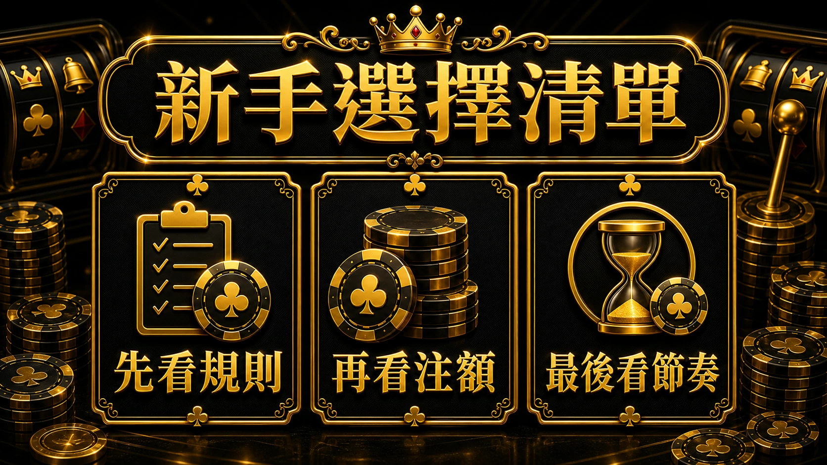 老虎機新手選擇清單資訊圖，提醒先看規則、再看注額、最後看節奏