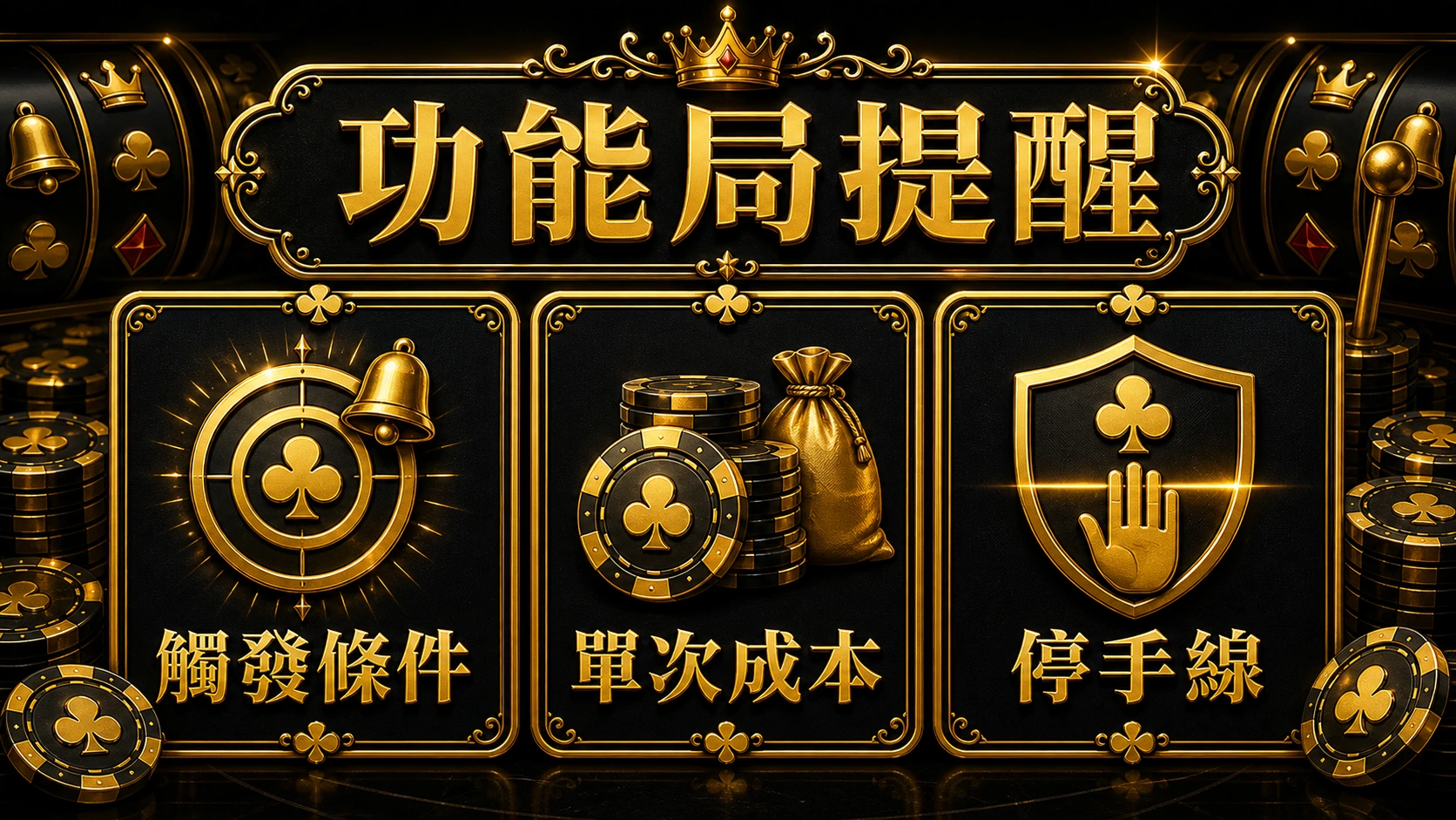 老虎機功能局提醒資訊圖，整理觸發條件、單次成本與停手線