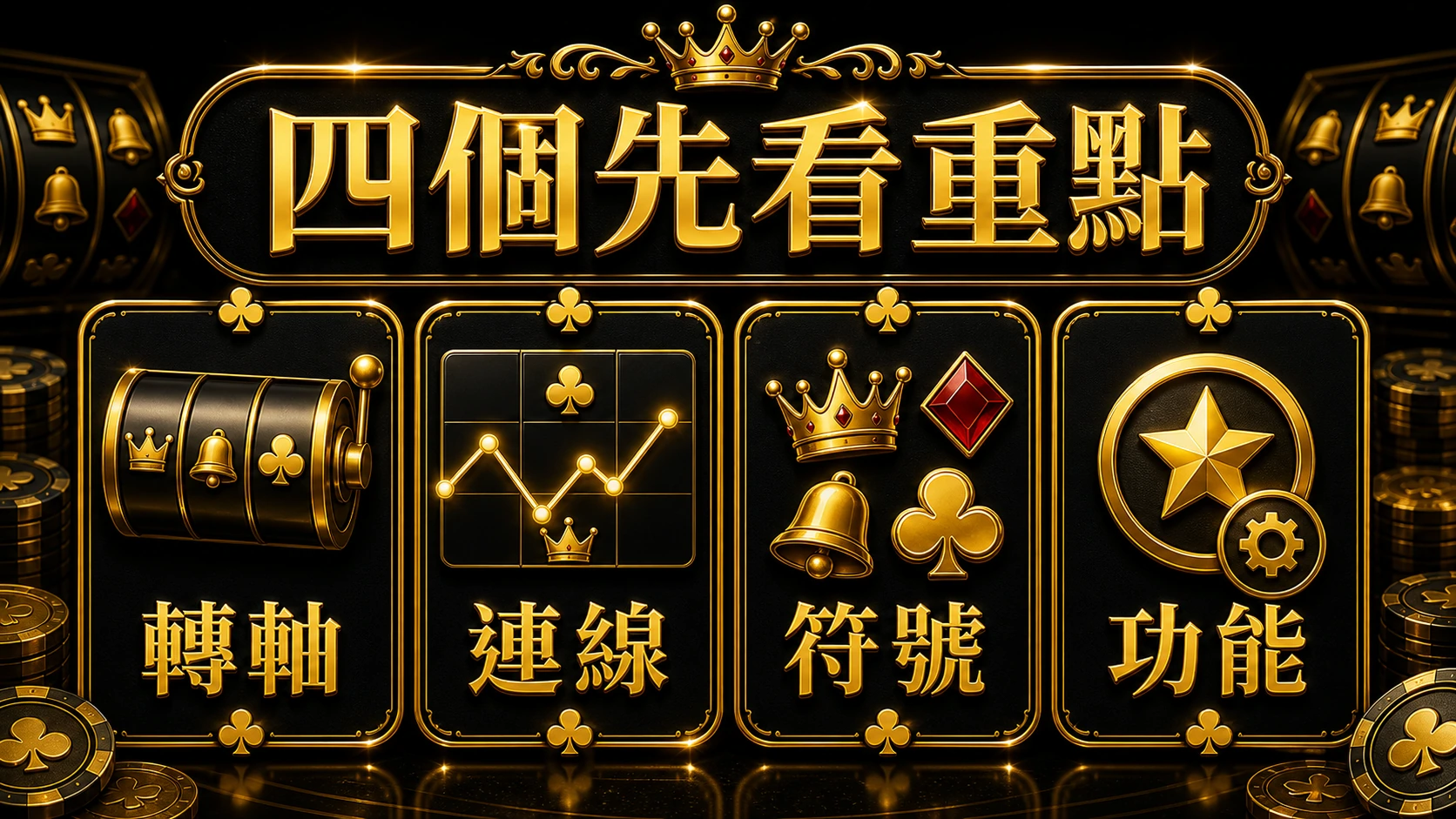 老虎機玩法差異資訊圖，整理轉軸、連線、符號與功能四個先看重點