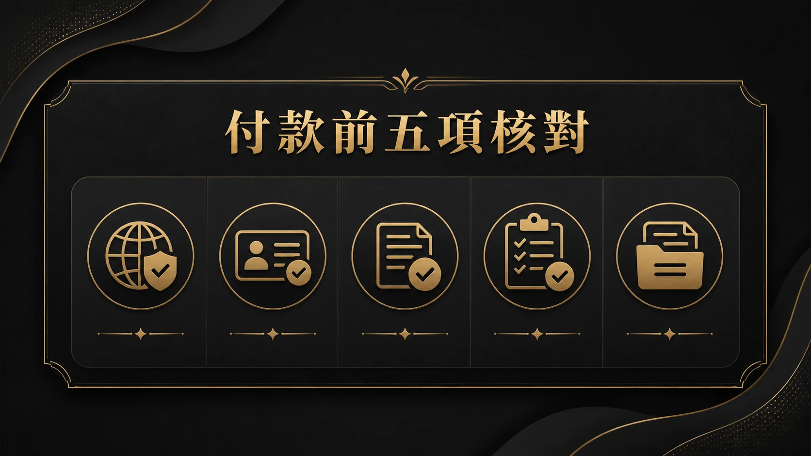 付款前五項核對的五格查核卡概念圖