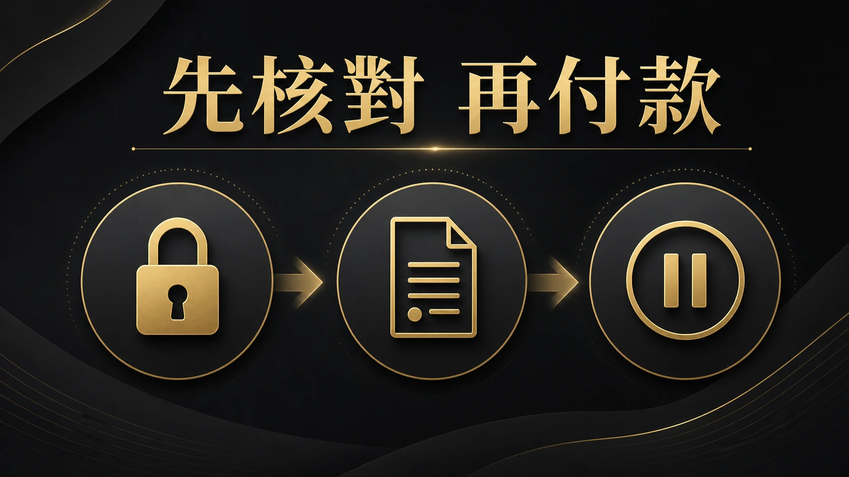 先核對再付款的鎖頭、文件與暫停流程概念圖