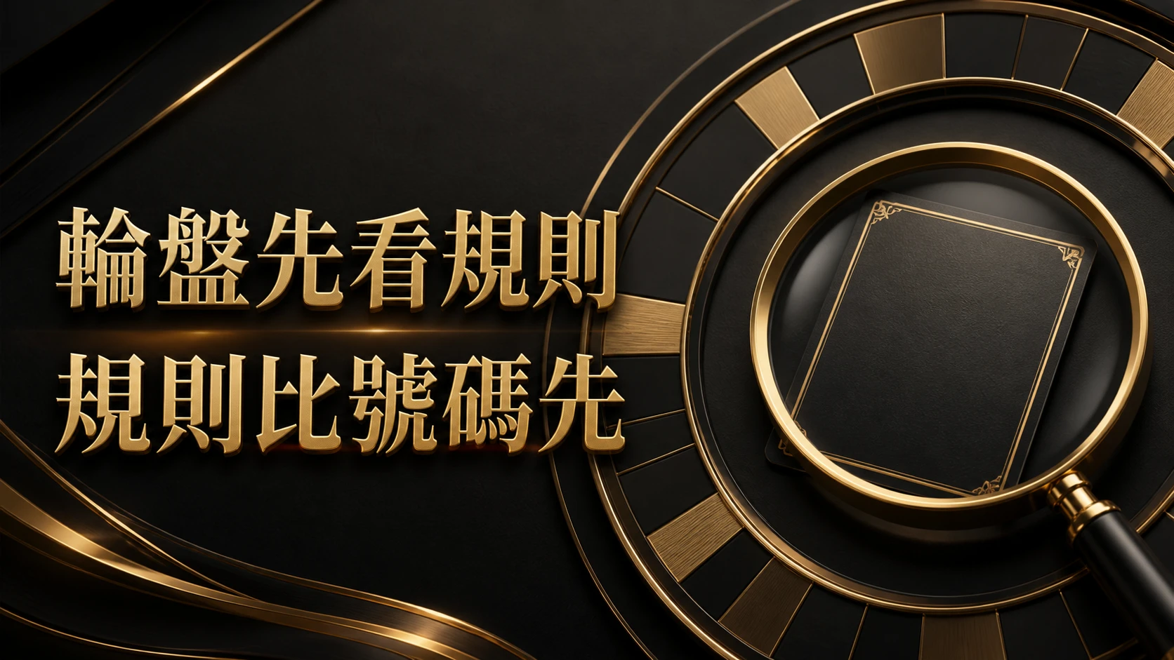黑金資訊圖：無標號的輪盤式圓環、放大鏡與空白規則卡，文字「輪盤先看規則／規則比號碼先」。