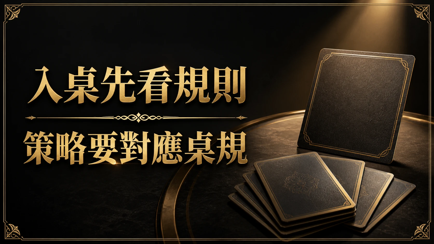 黑金資訊圖：空白規則卡與面朝下的撲克牌，文字「入桌先看規則／策略要對應桌規」。