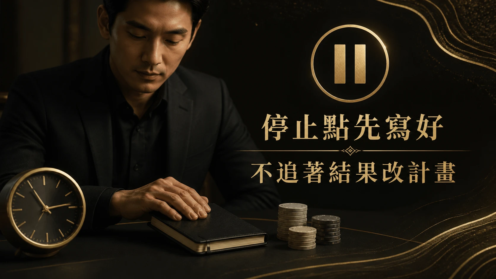 黑金插圖：人物闔上筆記本，旁有時鐘、籌碼與暫停圖示，文字「停止點先寫好／不追著結果改計畫」。