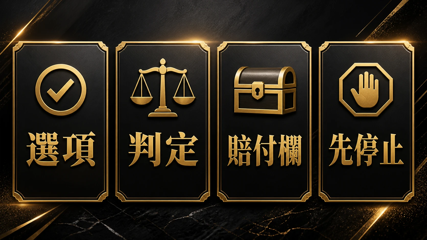黑金四欄流程圖,依序為選項、判定、賠付欄、先停止。