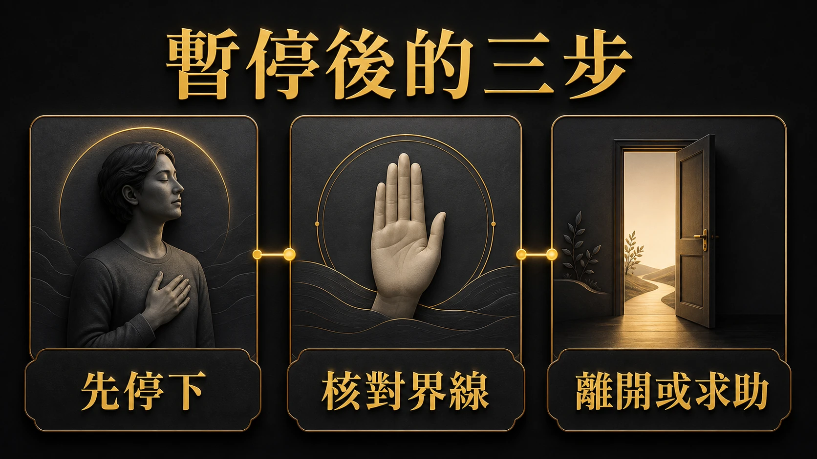 黑金資訊圖呈現停下、核對個人時間與金額界線，以及轉向支持的重整流程