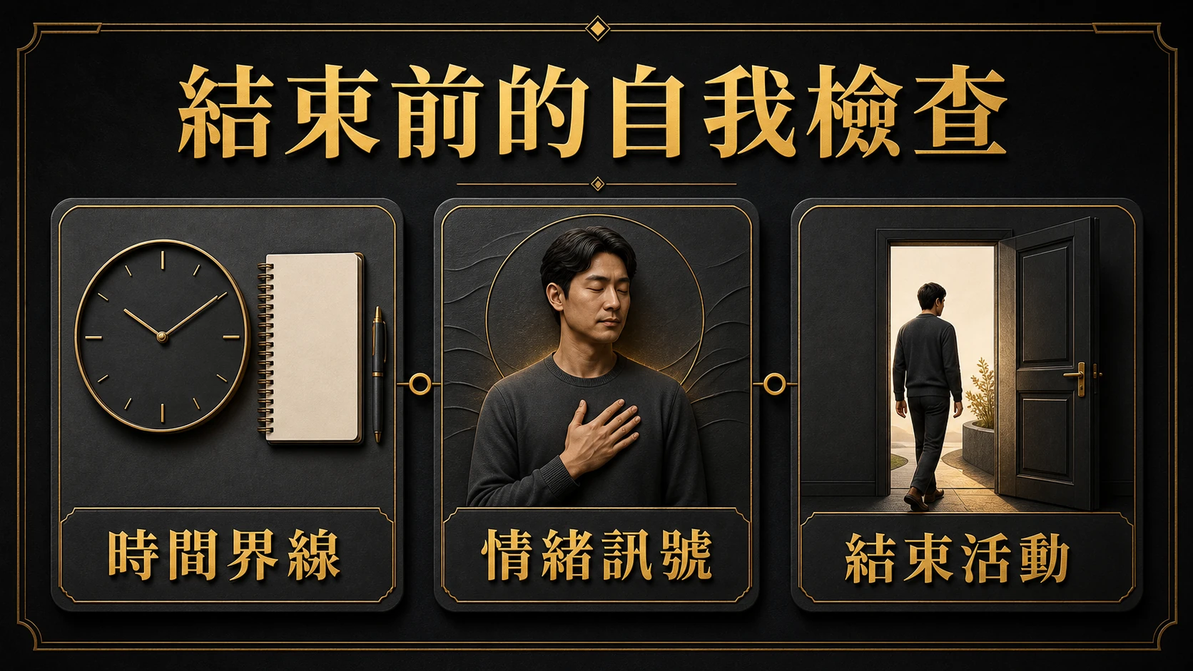 黑金資訊圖呈現核對時間與金額界線後結束活動、離開畫面的個人收尾流程
