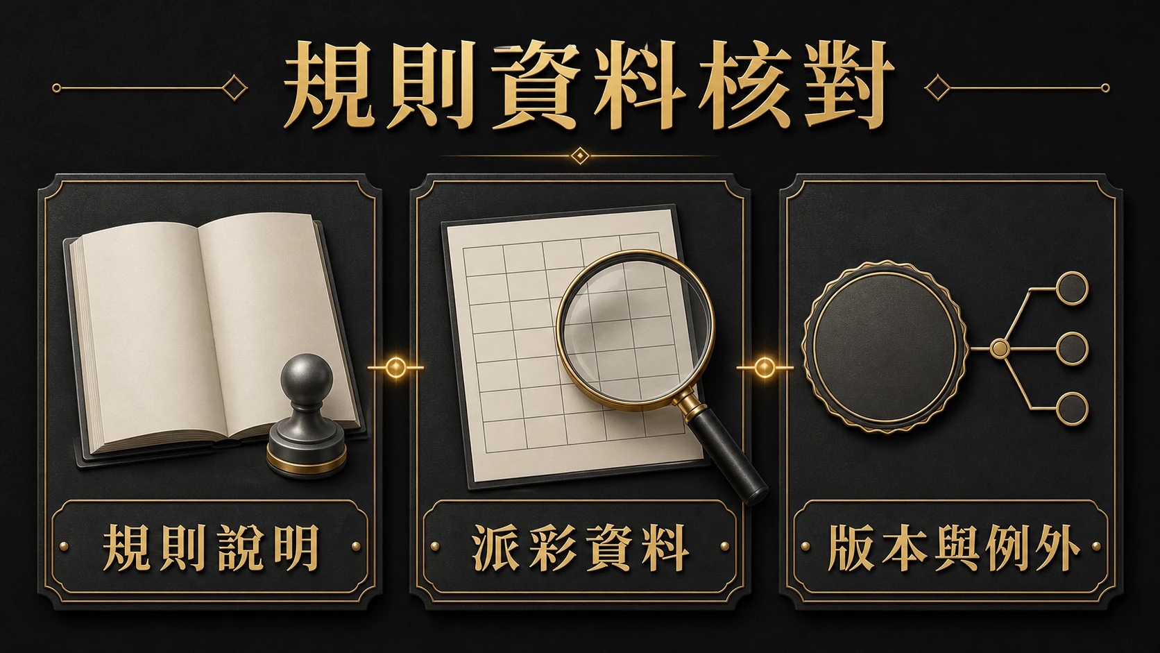 黑金資訊圖呈現桌台識別、完整規則、派彩資料、版本與例外條件需一併核對,缺項時保留問題