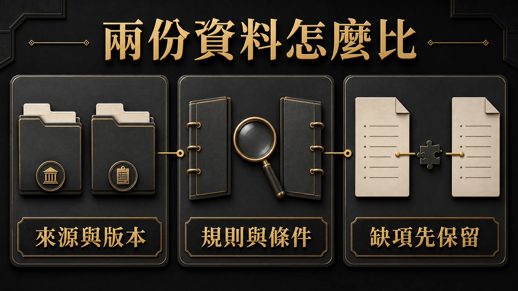 黑金資訊圖呈現兩份規則資料需並列核對來源、版本、規則與派彩說明,缺項時不下結論