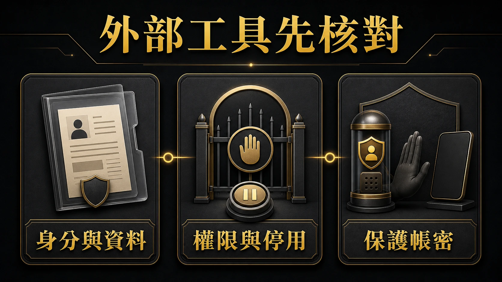 黑金資訊圖呈現保存外部服務身分、權限與停用方式的可回查資訊，並將帳密與驗證碼維持在保護範圍外