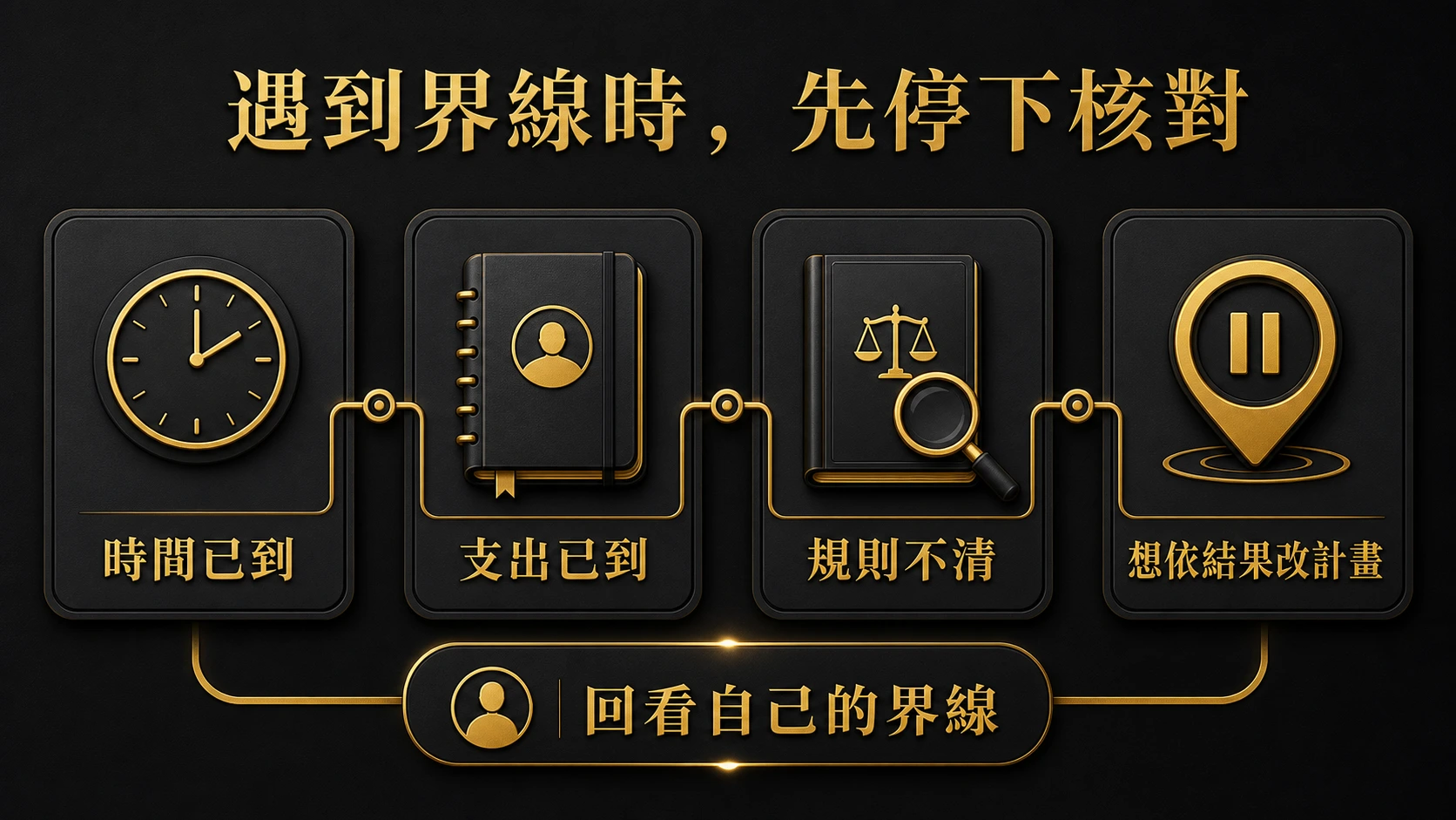在時間、支出上限或規則不明時先停止並回看個人界線的提醒圖