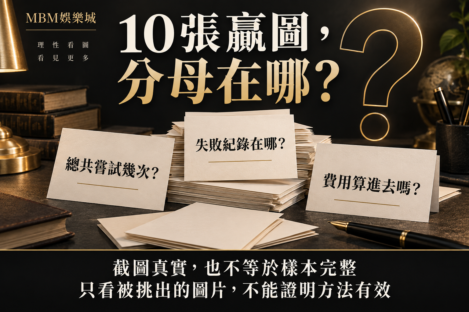 標題「10張贏圖，分母在哪？」下有三張問題卡：總嘗試次數、失敗紀錄與費用。