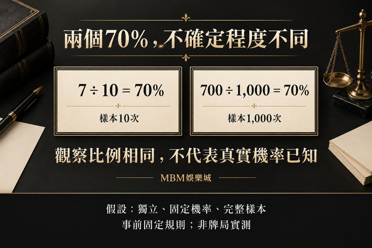7次命中除以10次與700次命中除以1,000次，樣本比例同為70%。