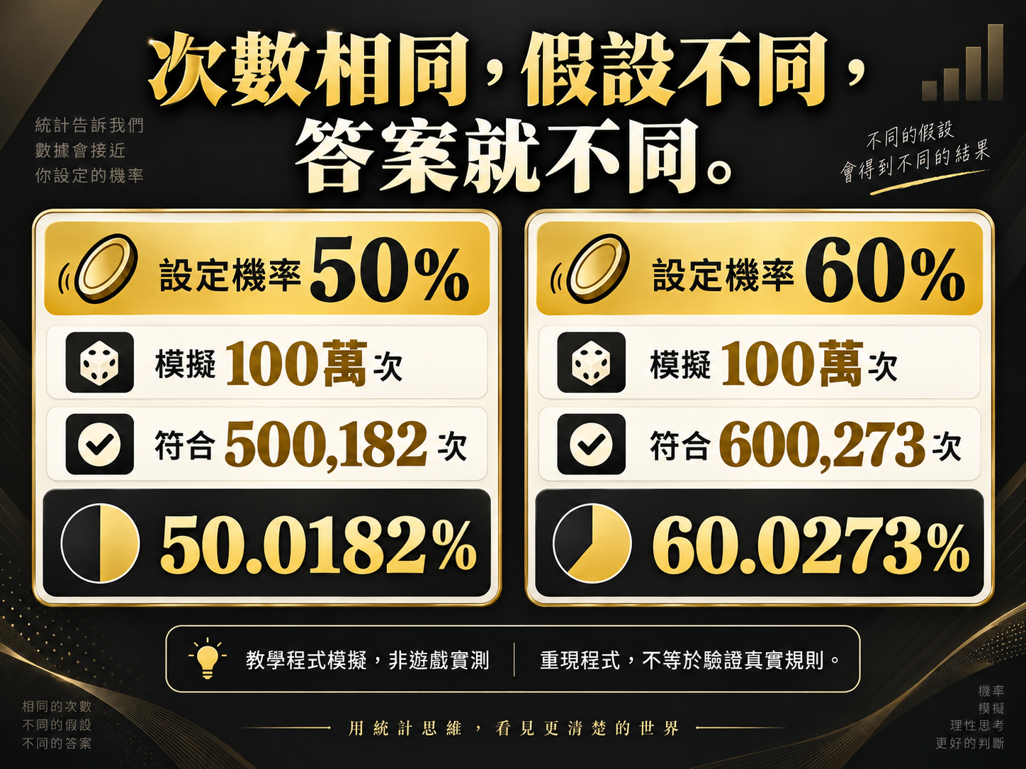 同樣100萬次，設定50%得500182次；設定60%得600273次。教學模擬，非遊戲實測。