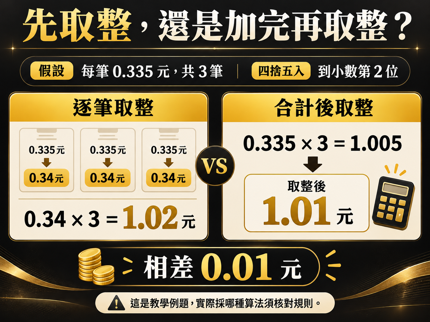 精確十進位值，保留兩位，一般五入。逐筆：0.34×3＝1.02；先合計：1.005→1.01。假設例題，非平台規則。