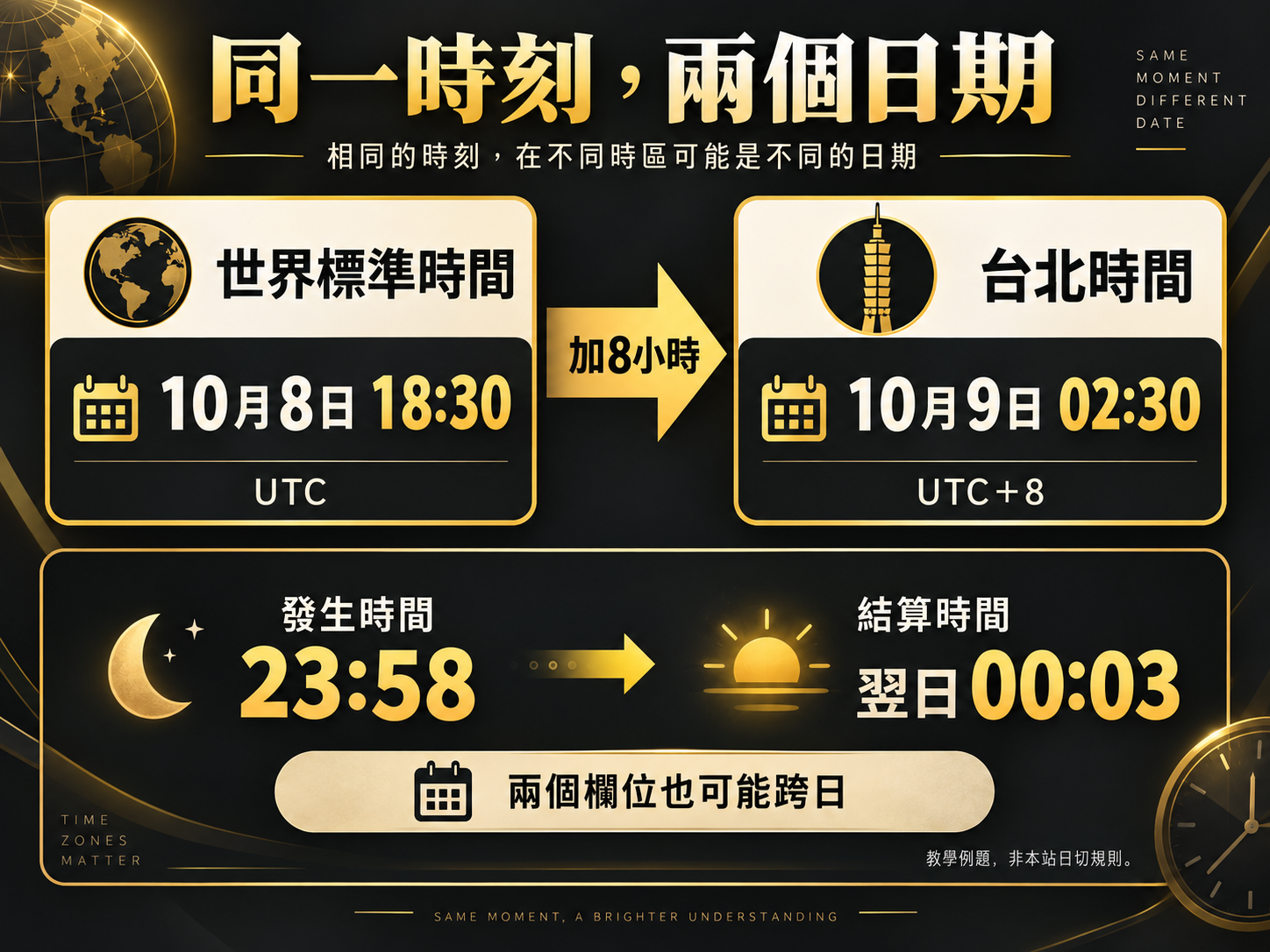 同一時刻：UTC 10月8日18:30；台北10月9日02:30。相差8小時，日期可能不同。教學示例。